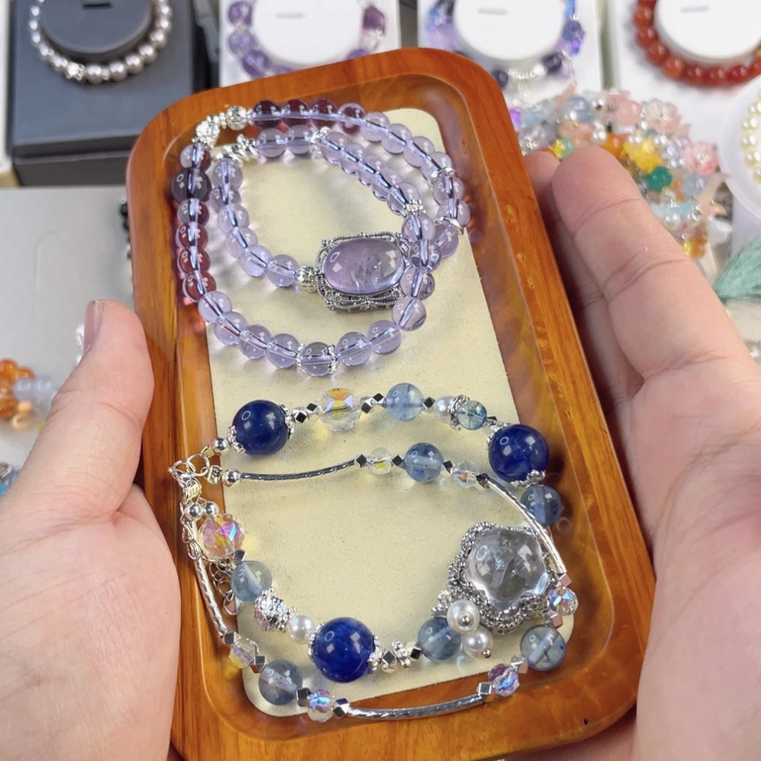 水晶手串银S800镀金镶嵌