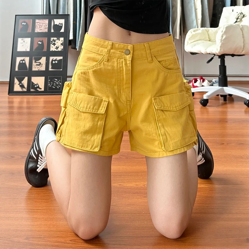 美式复古多口袋工装短裤女2025夏季高腰设计感小众宽松百搭牛仔裤