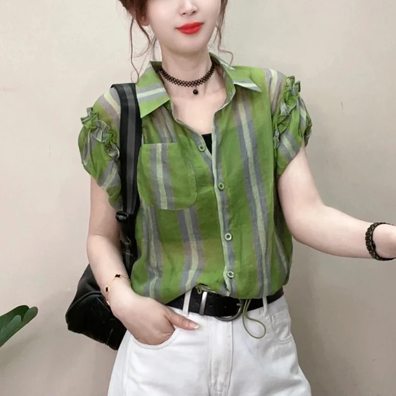 竖条纹短袖翻领衬衫女2025夏季新款时尚洋气高级感百搭防晒上衣潮