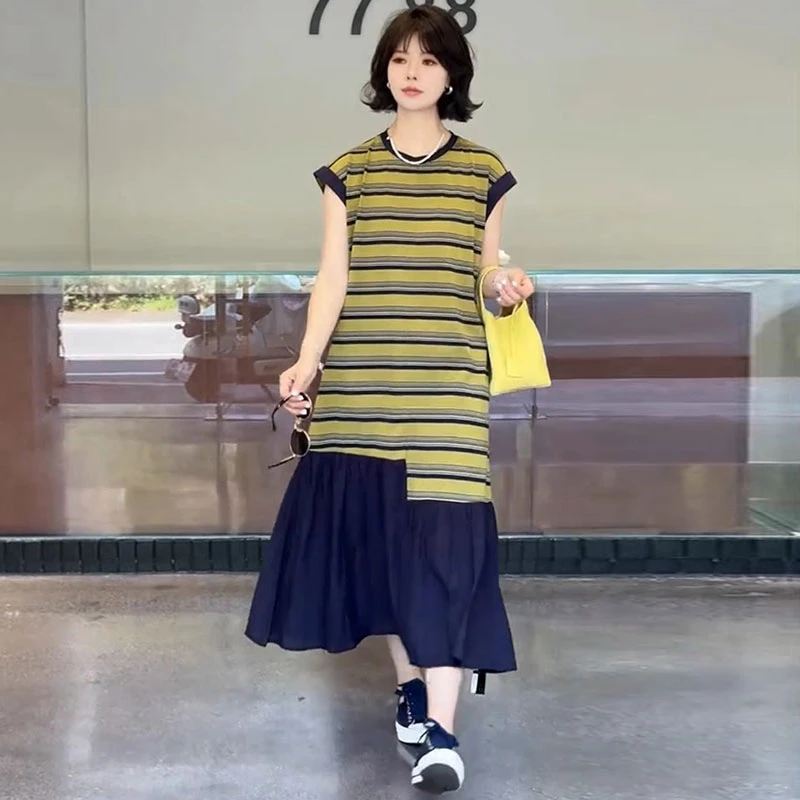 设计感小众拼接条纹连衣裙欧洲站2025夏季洋气休闲显瘦减龄长裙潮