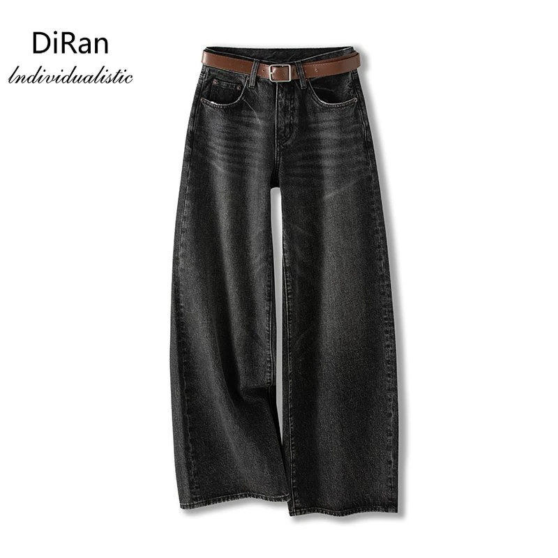 Diran-秋冬季新款无弹中高腰宽松窄版直筒黑色阔腿牛仔裤女-6955