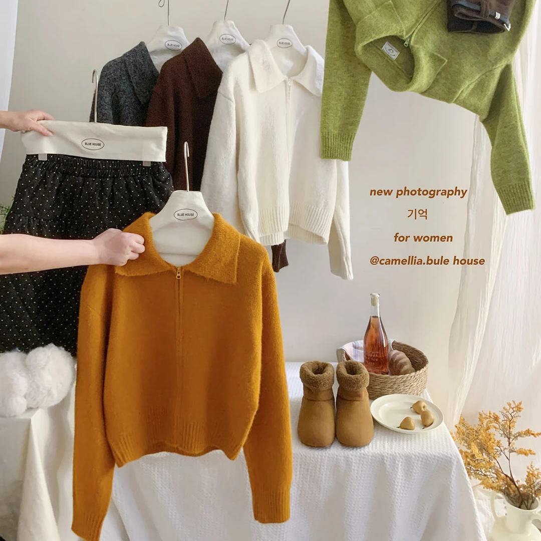 韩系森林绿拉链毛绒翻领针织开衫女秋冬复古洋气慵懒百搭毛衣外套