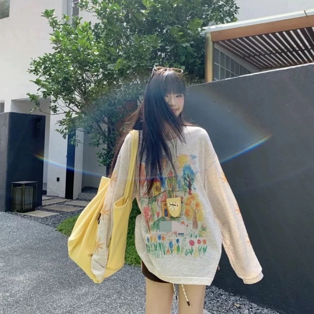 「阿男Anna」彩虹涂鸦  潮牌手绘彩虹涂鸦复古彩色透气长T 410-N086