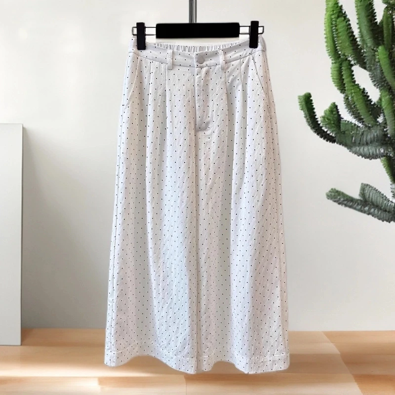 韩系小波点九分休闲裤女2025夏季薄款大码胖mm高腰宽松垂感阔腿裤