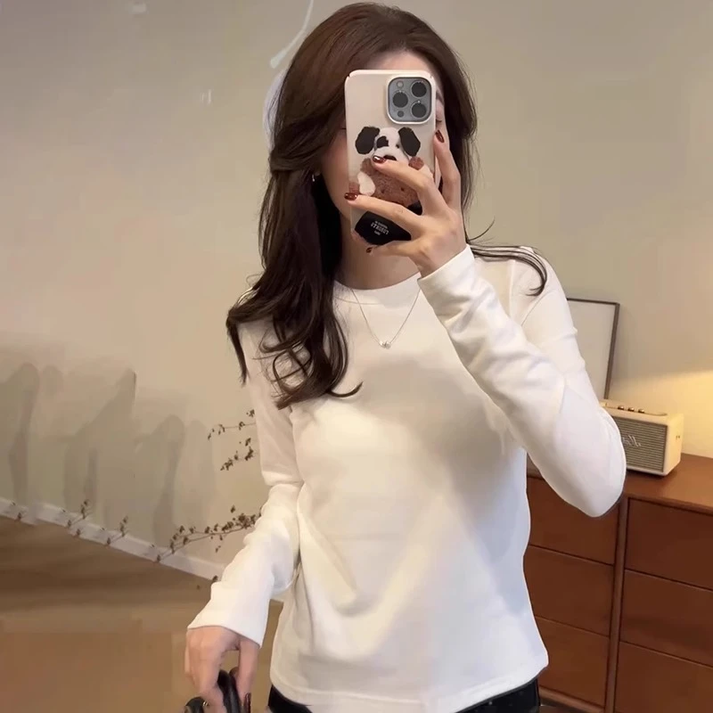 白色德绒打底衫女秋冬磨毛加厚内搭保暖圆领正肩长袖t恤卡腰上衣