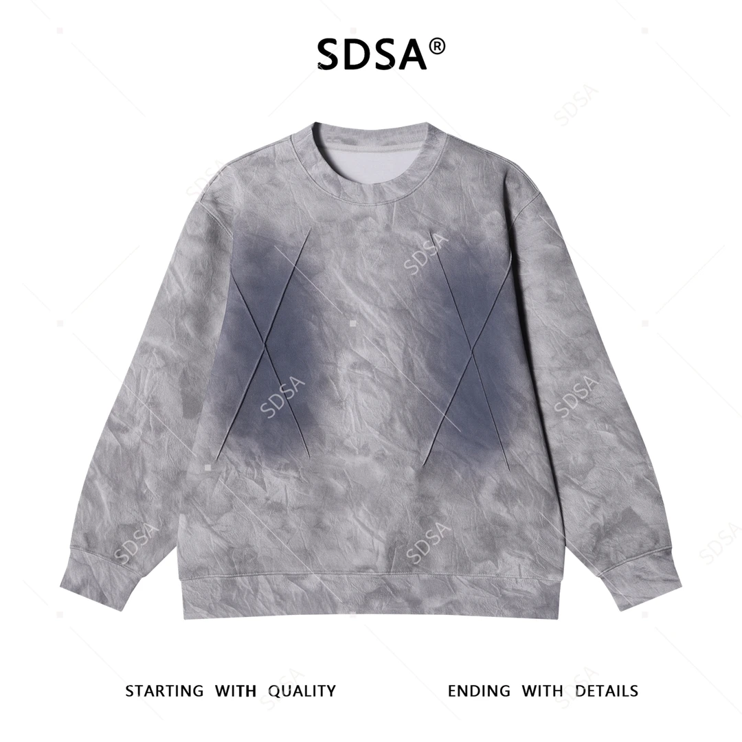 SDSA男士秋冬新款轻奢痞帅男装扎染晕染褶皱圆领套头卫衣时尚百搭