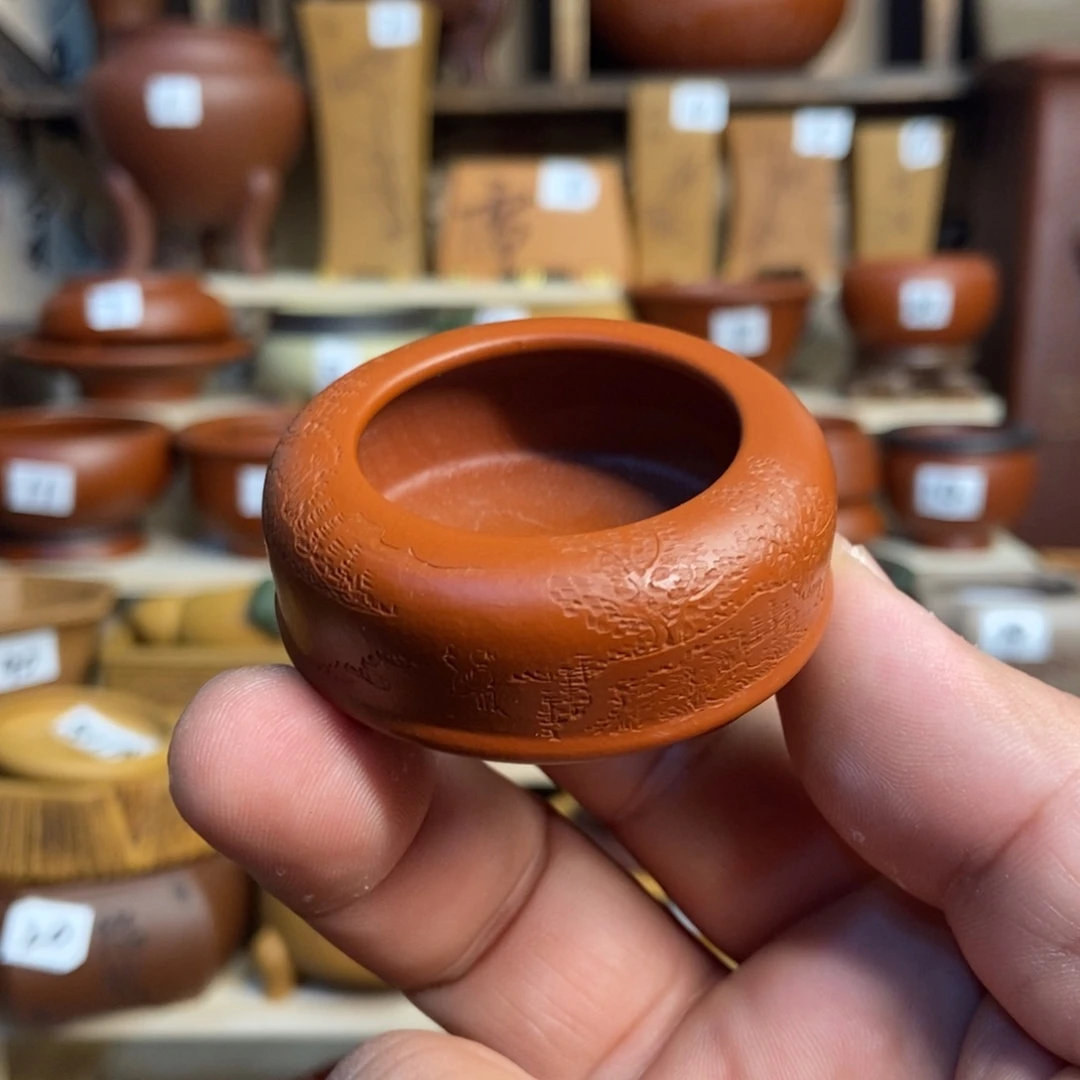 紫砂花盆孙伟手工制作带刻绘，内口经尺寸3×1.5