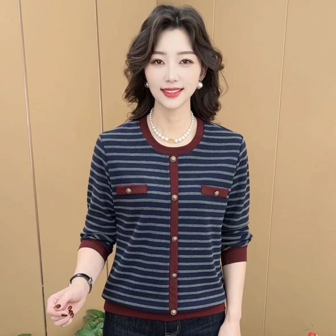 秋冬新款时尚条纹加厚保暖中老年妈妈装减龄百搭长袖打底衫K6626