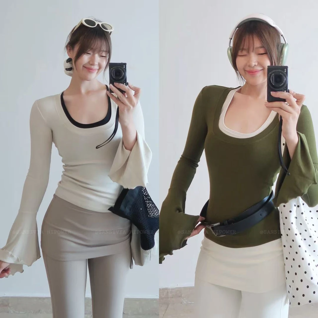 HIPOWER飞飞袖U领棉运动健身瑜伽休闲长袖T恤上衣女紧身弹力显瘦