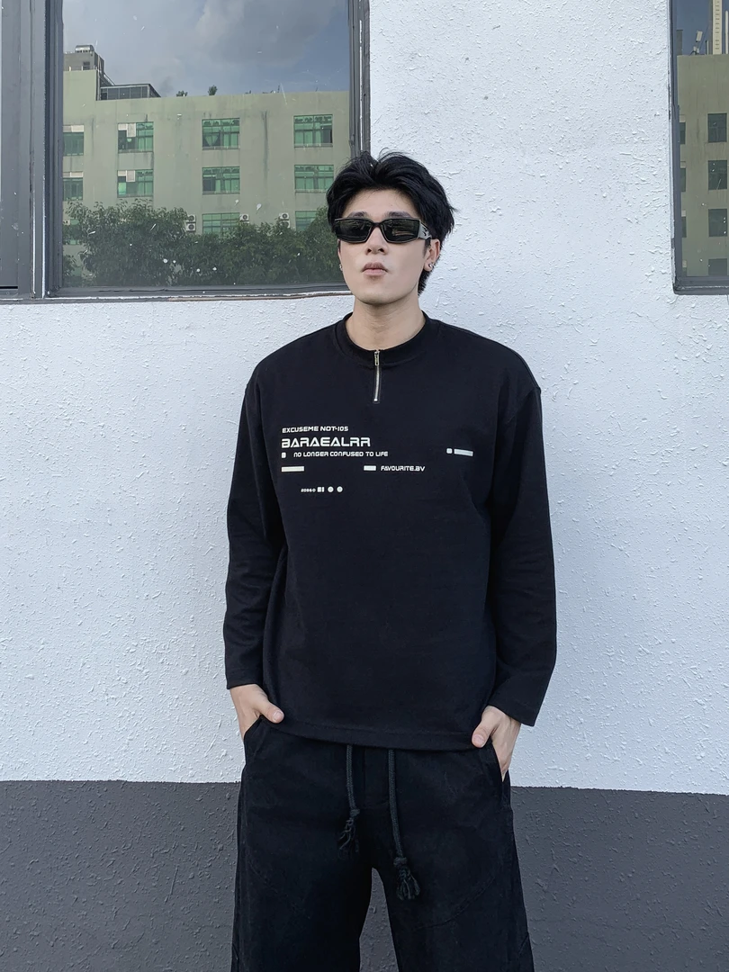 【叁秋】磨毛半拉链圆领时尚百搭宽松长袖休闲美式立体印花秋款