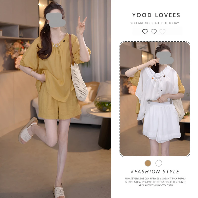韩系圆领度假风套装女2026夏季新款气质上衣高腰显瘦阔腿短裤女
