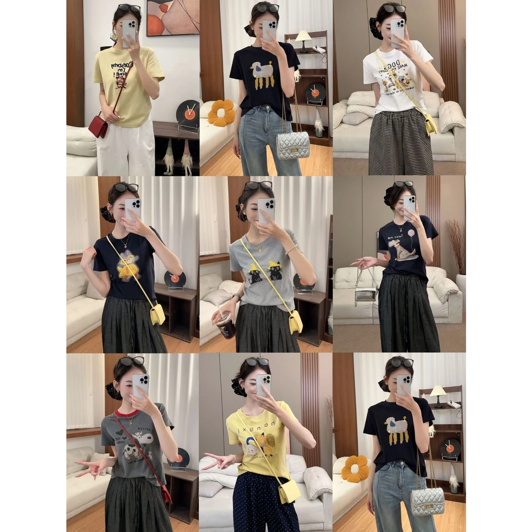 正肩短袖t恤女夏季新款圆领修身显瘦百搭美式ins弹力棉上衣