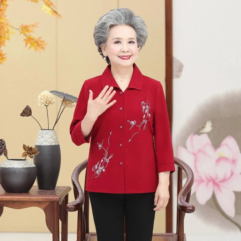 特价中老年女装妈妈春秋七分袖衬衣60-70岁80夏季翻领时尚衬衫