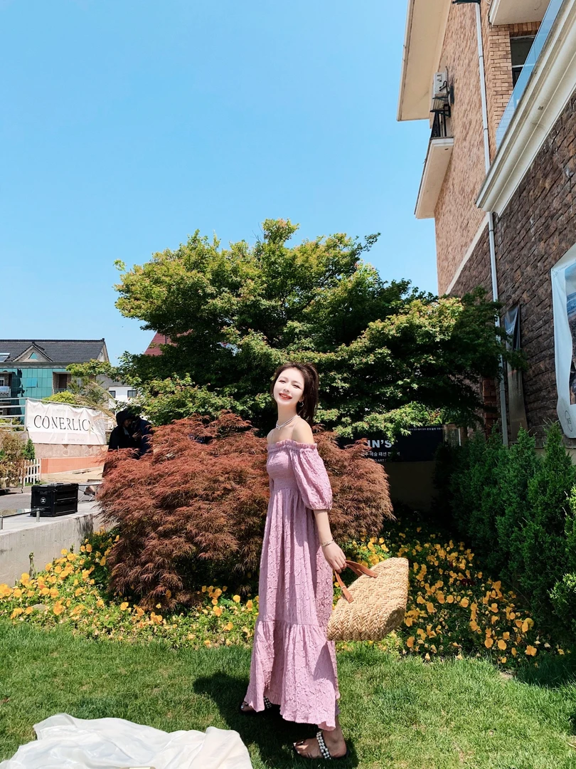 挂脖式常规夏季粉色复古连衣裙中长款连衣裙一字肩宽松泡泡袖