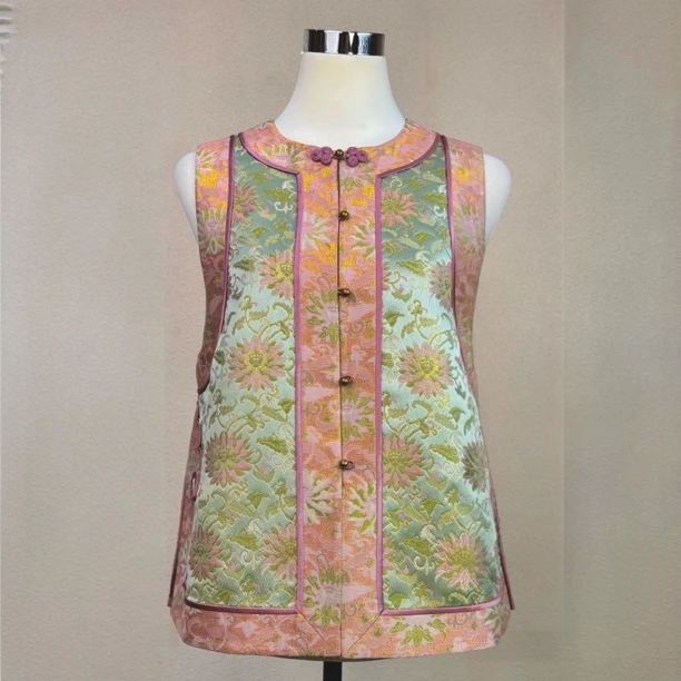 【云岫莲生】桑蚕丝织金夏季宽松时尚印花中式民族风无袖马夹250652