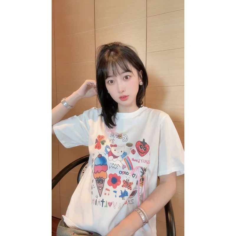 【张静芝】韩国新品~立体粉蝴蝶结洋气卡通涂鸦减龄时髦短袖T恤