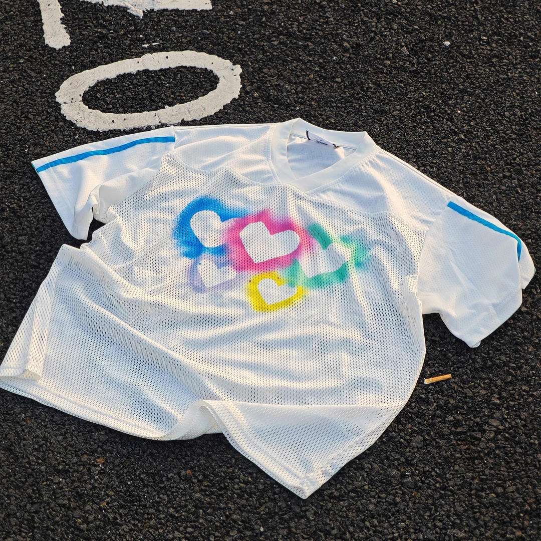 eeee爱心五彩涂鸦印花网洞短袖球衣运动服夏季T恤