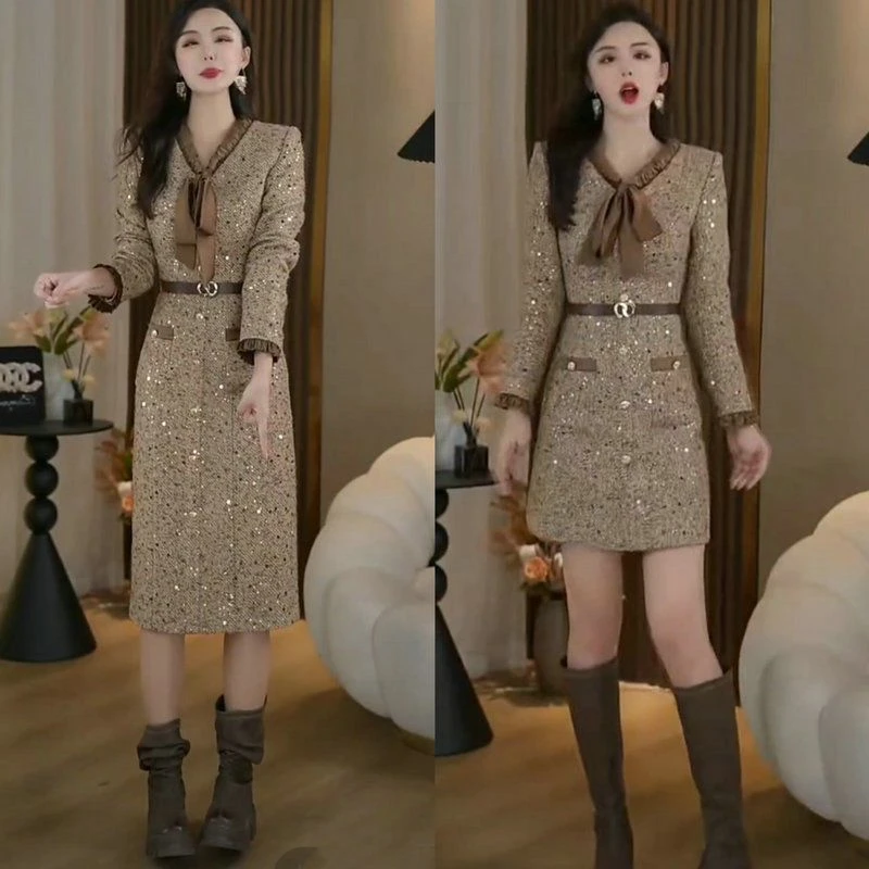 哥弟阿玛施正品新款网红小香风连衣裙亮片毛呢裙子甜美减龄中裙高