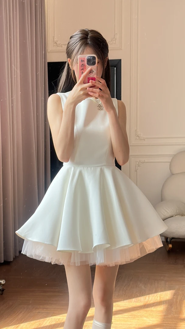 小小仟 撞色网纱拼接无袖法式赫本连衣裙气质收腰蓬蓬裙芭蕾裙