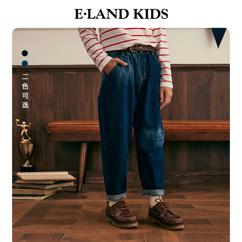 E·LAND KIDS衣恋童装20秋季徽章刺绣贴布装饰牛仔裤EKTJE4911O