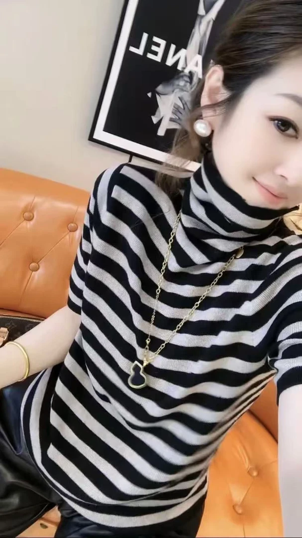 欧货2025秋冬新款高领百搭经典条纹短袖T恤女宽松显瘦减龄上衣潮