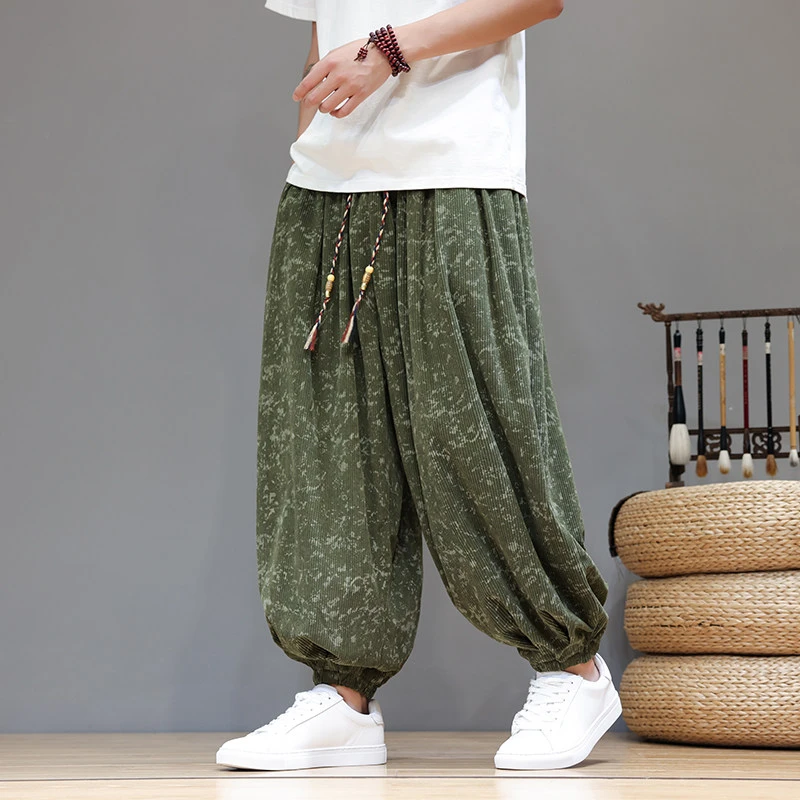 复古潮牌军绿色灯芯绒裤子男秋冬季中国风束脚运动裤宽松灯笼卫裤