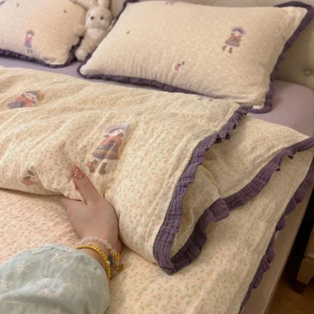 新品水星2025新款皱皱花边纯棉四件套全棉被套A类被罩床单宿舍床