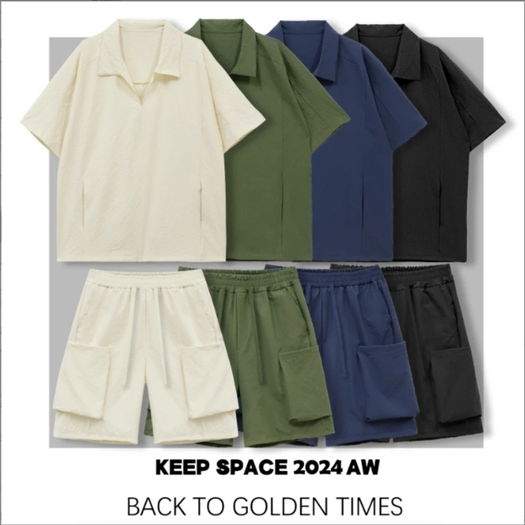 【邱总专属】休闲百搭夏季衬衫领凉感纹理质感时尚宽松纱潮运动套装