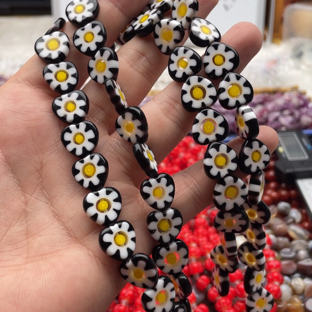 玛瑙/玉髓合金珠宝半成品一条装黑白琉璃爱心卡13mm