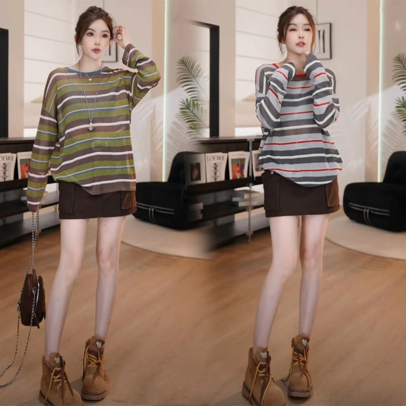 2025秋季宽松显瘦穿搭圆领条纹长袖T恤高腰短裙子慵懒风两件套装
