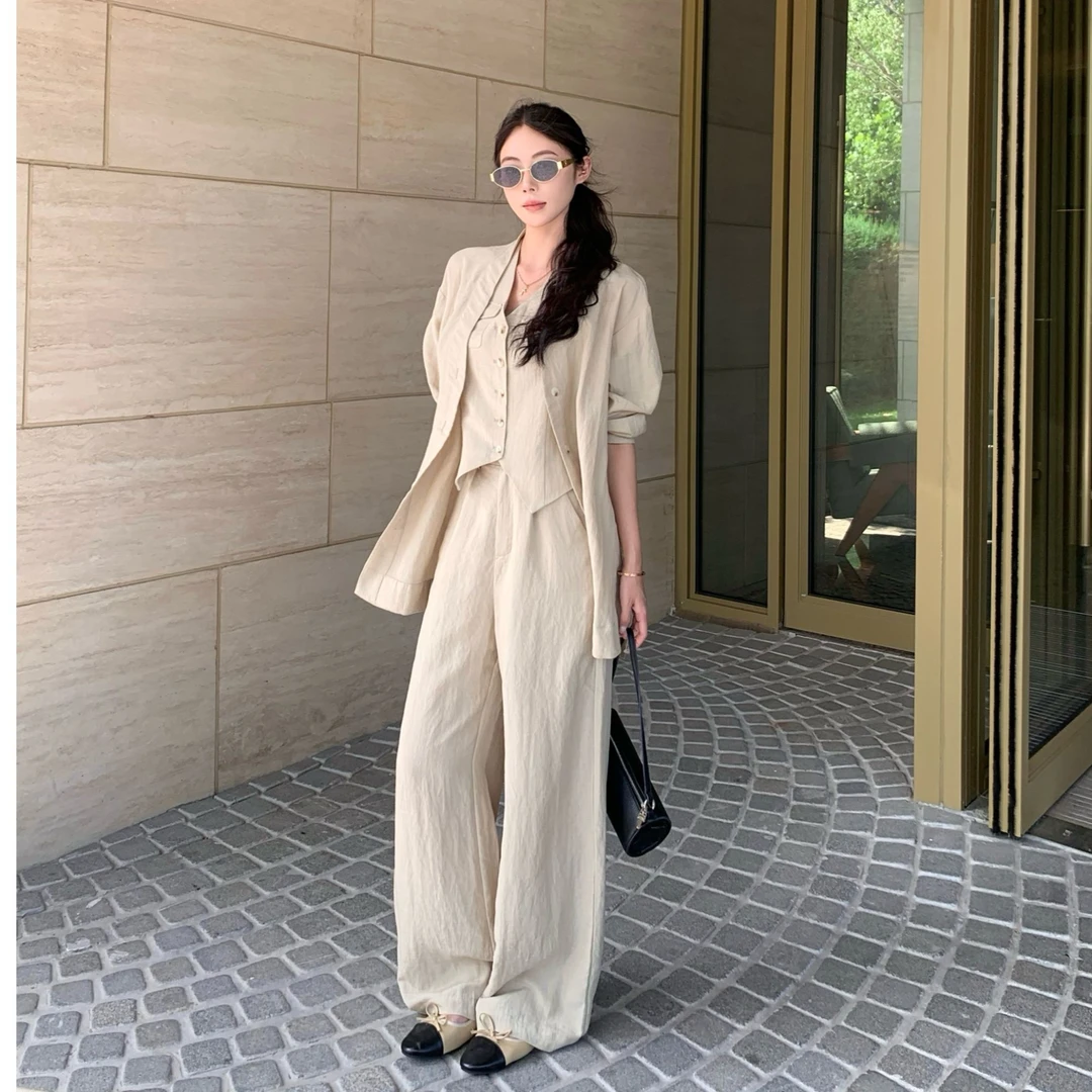 老钱风亚麻套装莱赛尔长袖衬衫休闲马甲高腰阔腿拖地长裤套装