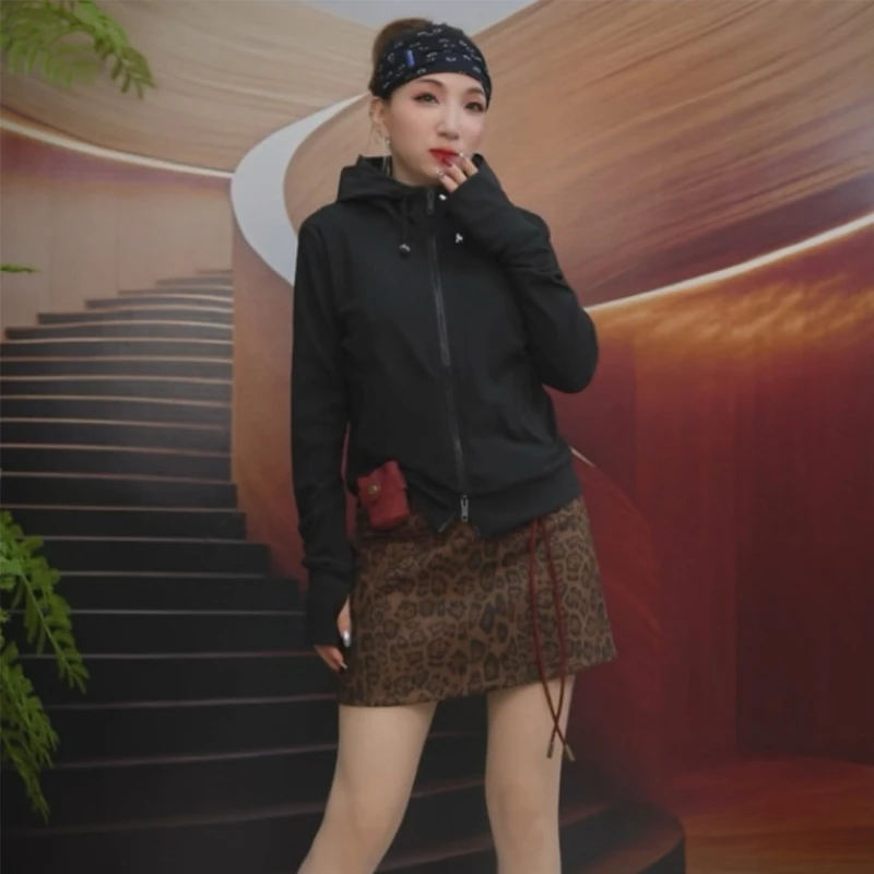 双面德绒抽绳连帽卫衣女修身显瘦双拉链设计开衫上衣