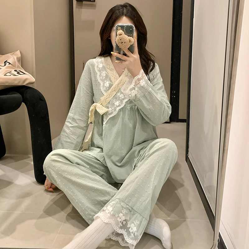 棉纱睡衣女士2025春秋季新款甜美蕾丝家居服休闲和服长袖两件套装