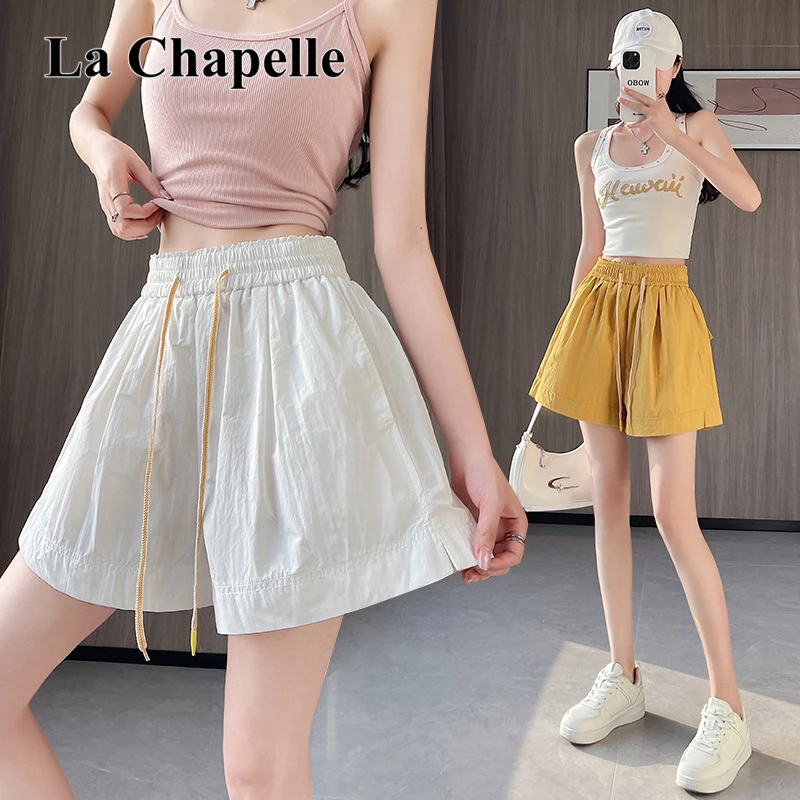 拉夏贝尔韩版冰丝速干休闲短裤女夏季显瘦小个子高腰阔腿运动热裤