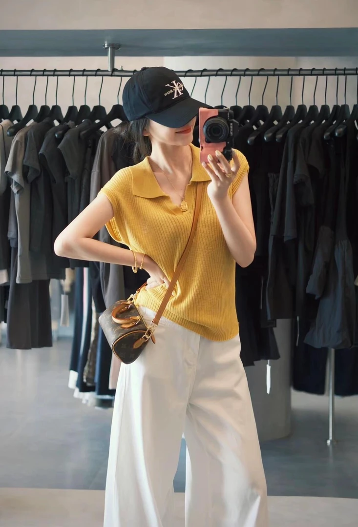 2025春夏新款韩系翻领V领显白黄色短袖polo上衣高腰阔腿裤套装