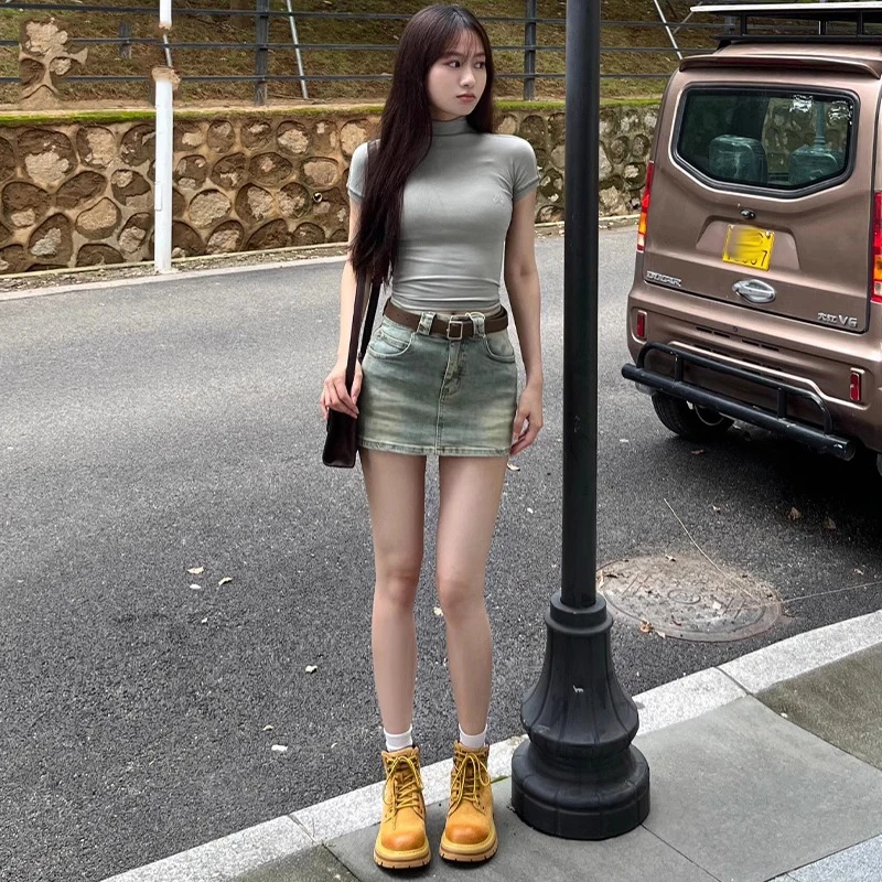 复古高腰做旧牛仔短裙女夏2025新款防走光显瘦辣妹a字包臀半身裙
