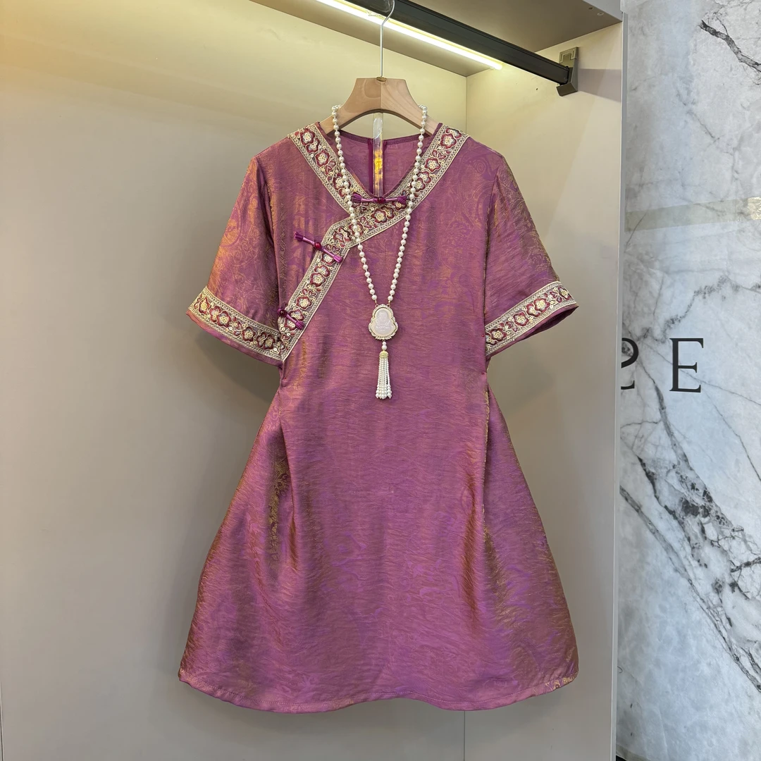 新中式国风斜襟盘扣亮片包边闪闪渐变轻薄款大码改良版旗袍裙1922