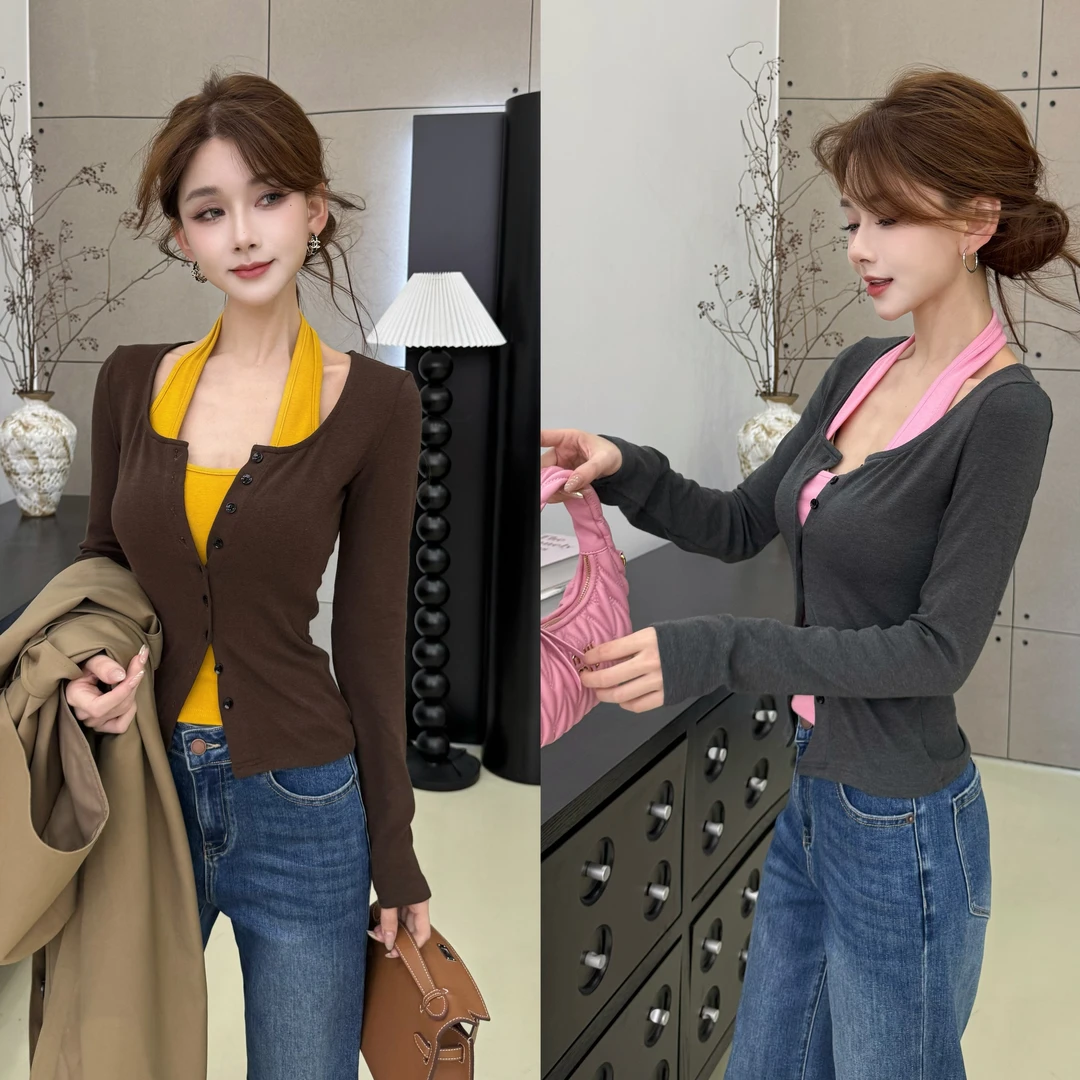 【撞色秋日】假两件设计感修身显瘦针织开衫