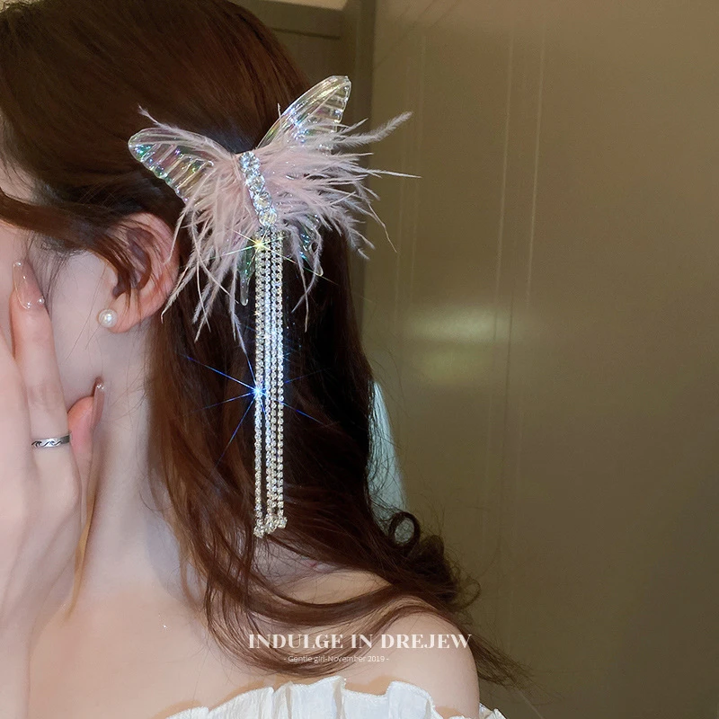 【艺凡】蝴蝶羽毛流苏发夹侧边高级感仙气鸭嘴夹半扎发气质发饰女