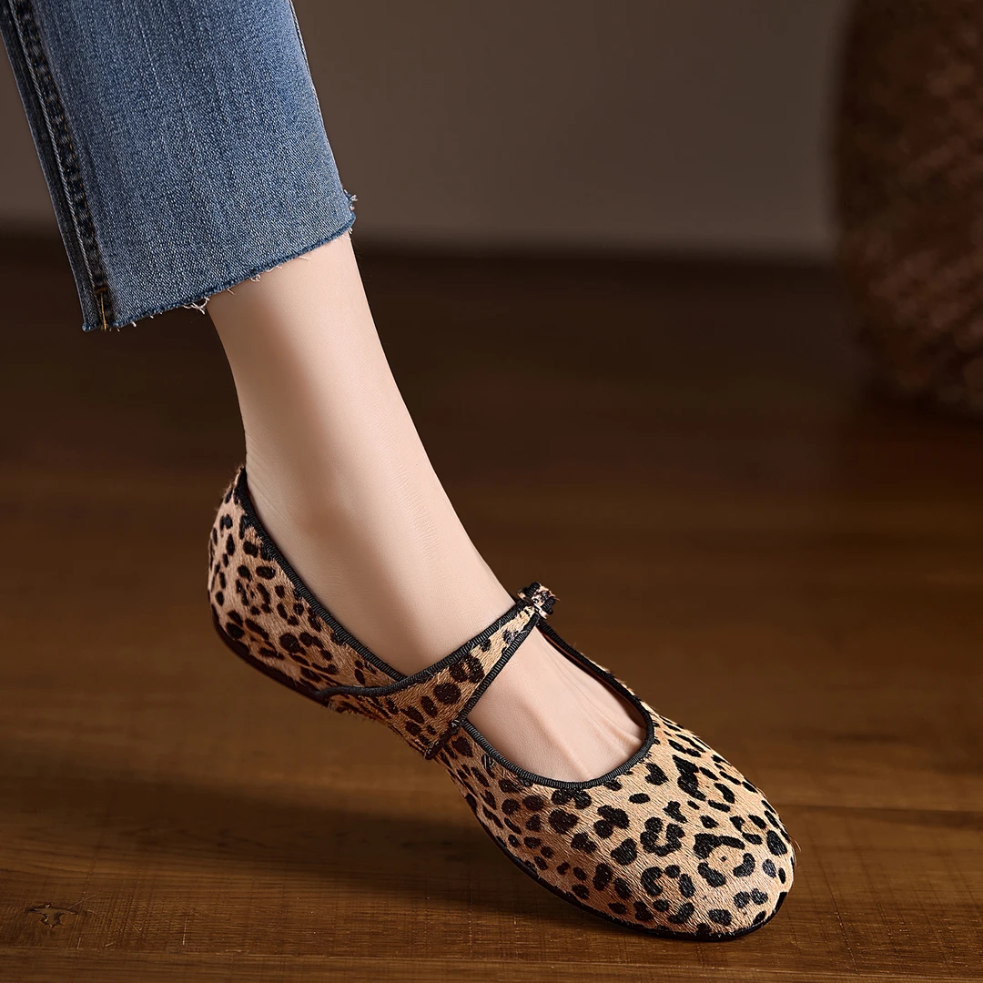 不累脚手工女鞋2.5cm~单鞋女真皮马毛小众设计师法式豹纹玛丽珍鞋