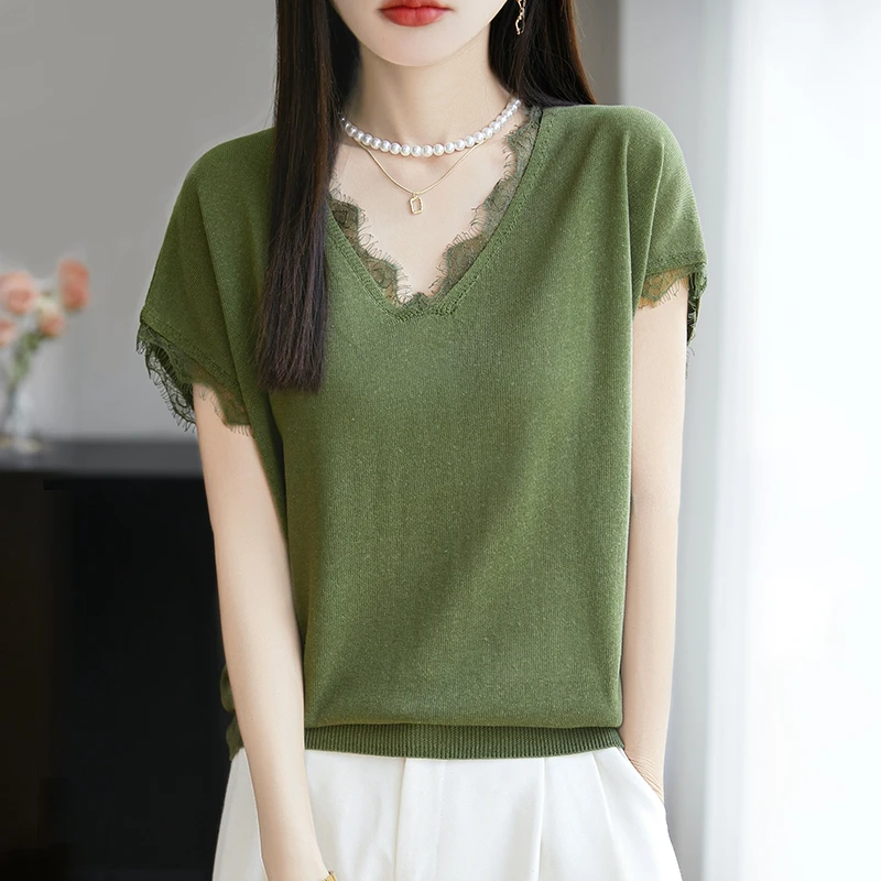 哥弟阿玛施正品夏季新款蕾丝花边V领针织衫设计感短袖洋气T恤女装