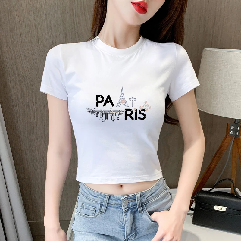 短袖t恤女短款修身小圆领2025夏季新款纯棉百搭紧身露肚脐上衣