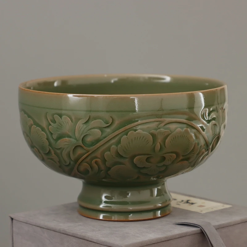 微瑕耀州窑橄榄青釉双刀刻花纯手工家用陶瓷香灰泥青瓷高足罗汉碗