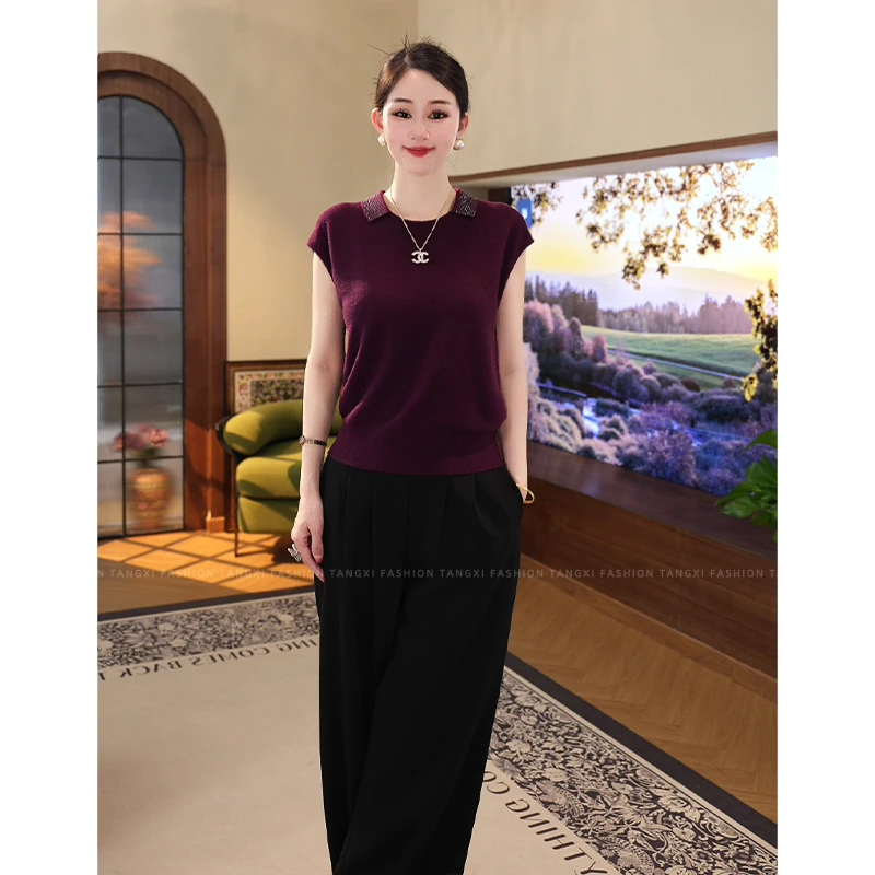 2025夏季新【7280】轻奢时尚洋气冰感绵羊毛紫色烫钻圆领上衣女