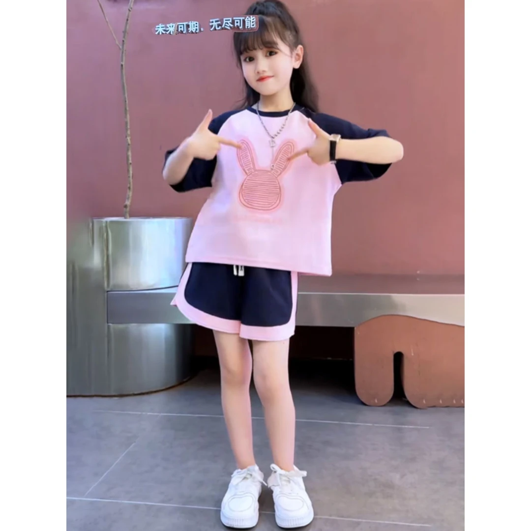 女童夏装T恤套装2025新款网红儿童时髦夏季中大童短袖短裤两件套