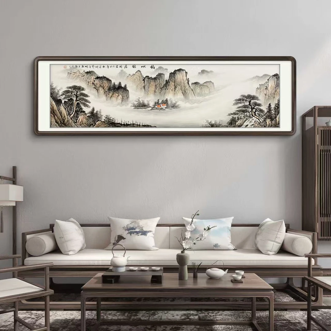 《福地雅居》手绘山水六尺对开画芯尺寸178*48背景墙水墨山水挂画