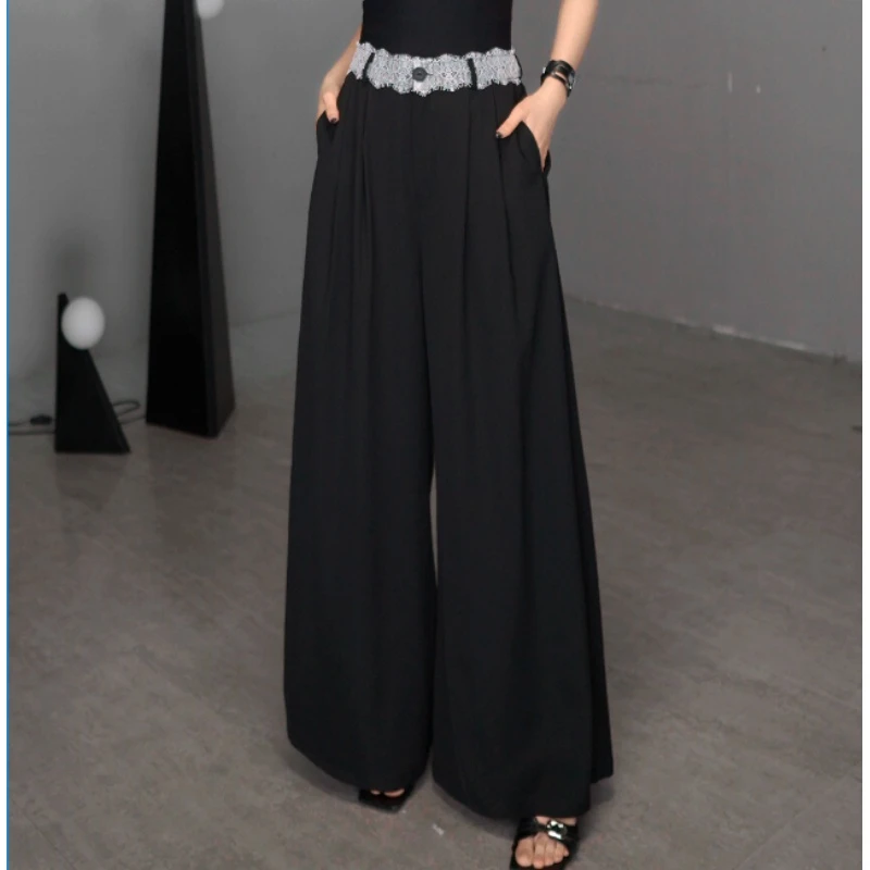 鑫鑫原创2025夏季新款阔腿裤蕾丝拼接高腰时尚百搭直筒阔腿裤1180