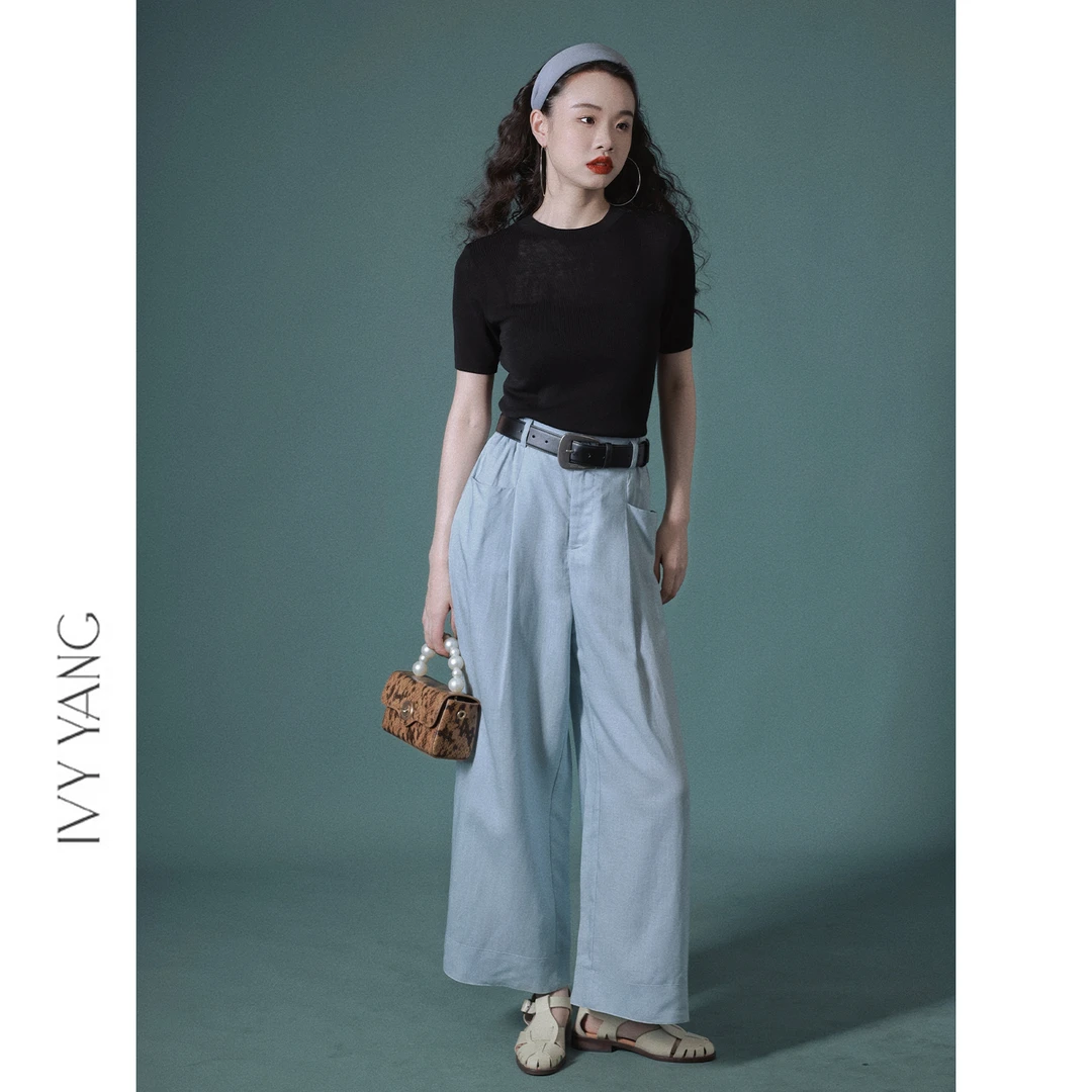 IVY YANG松紧腰麻料清爽透气阔腿休闲裤