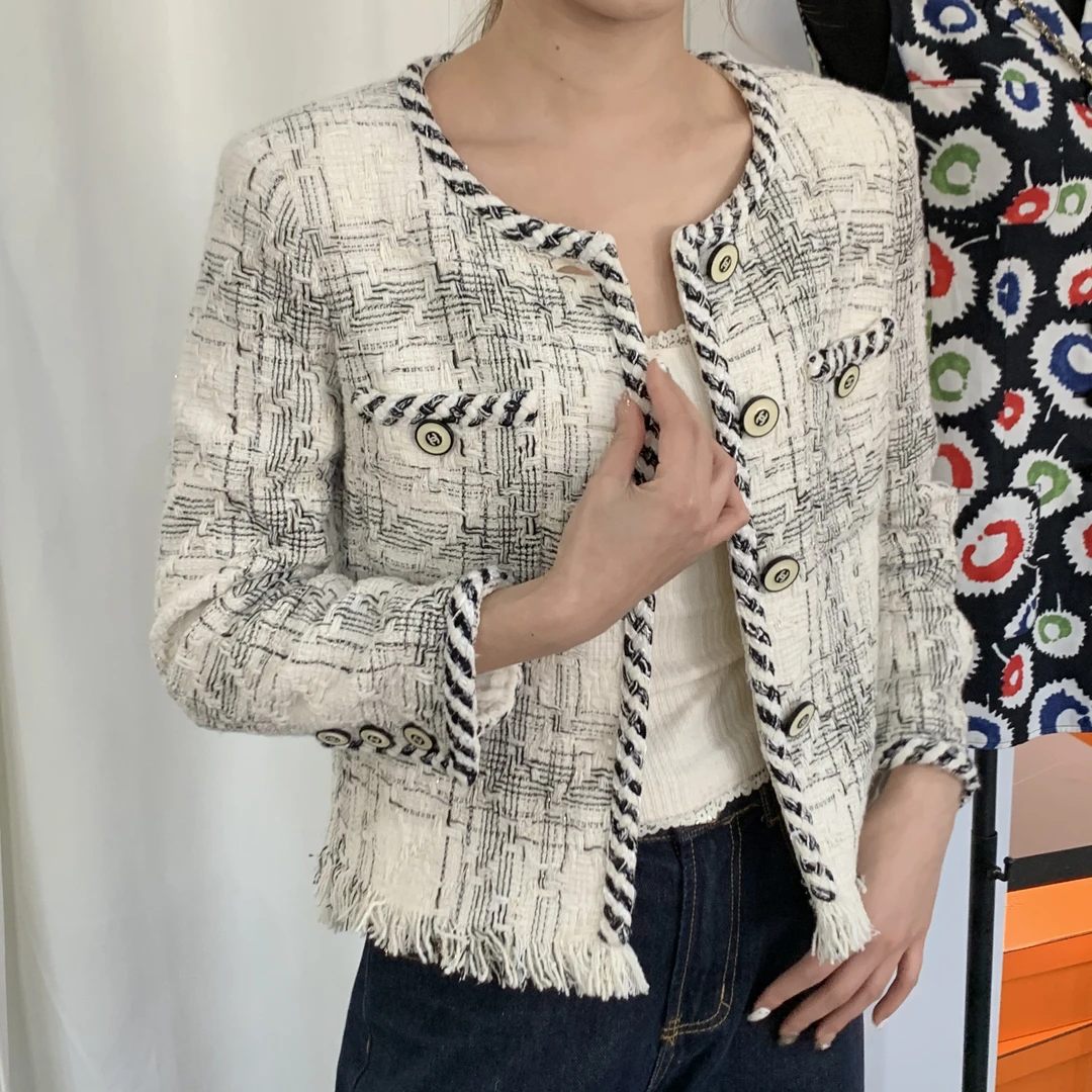 99新 Chanel/香奈儿  18C瀑布系列格纹流苏拼接外套36码