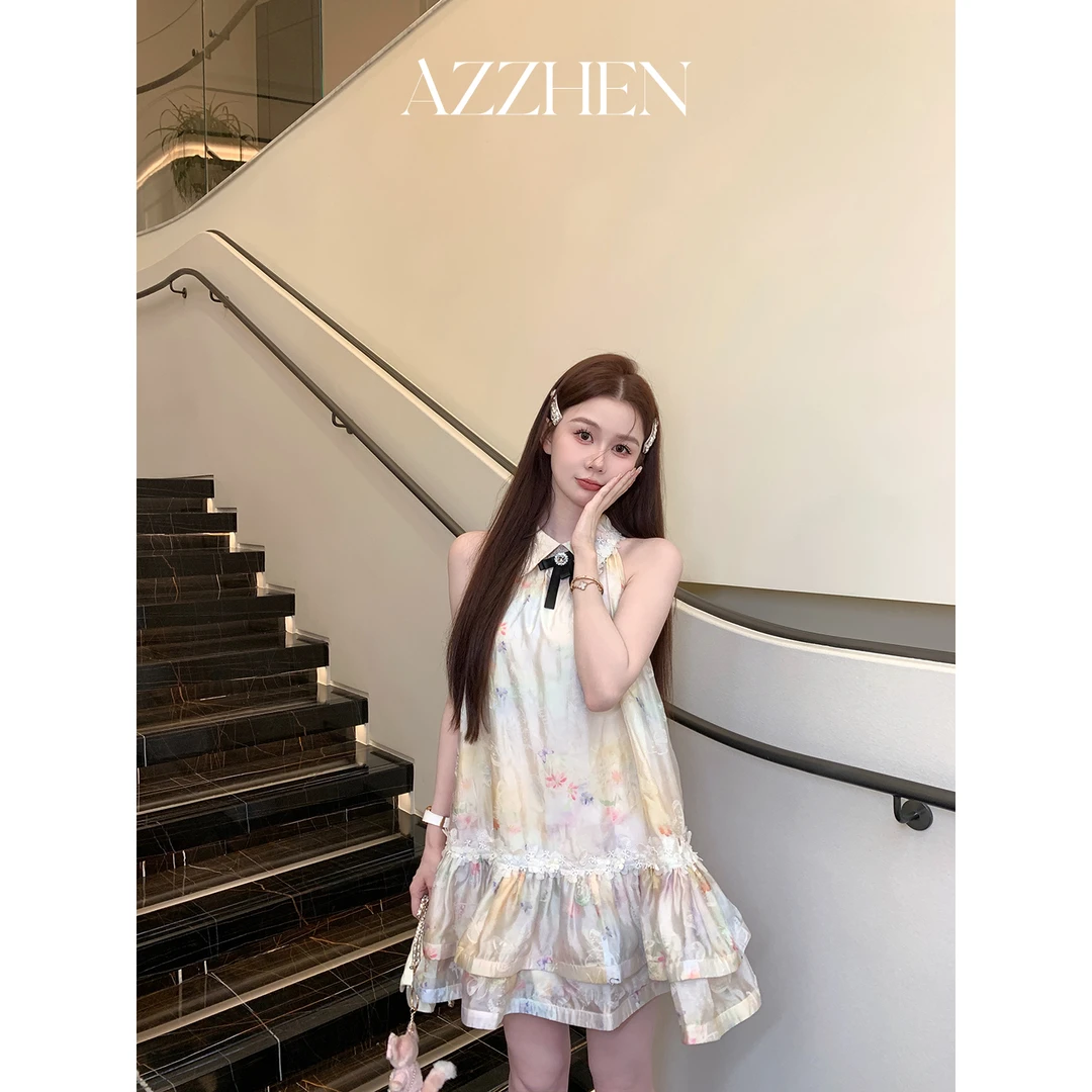 AZZHEN【花间捕梦】无袖A摆植绒蝴蝶印花连衣裙AZ5BSL17